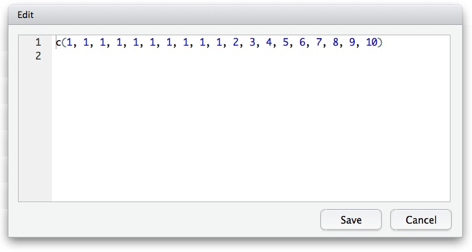 Ventana del editor de vectores de *RStudio* para Mac OS X.