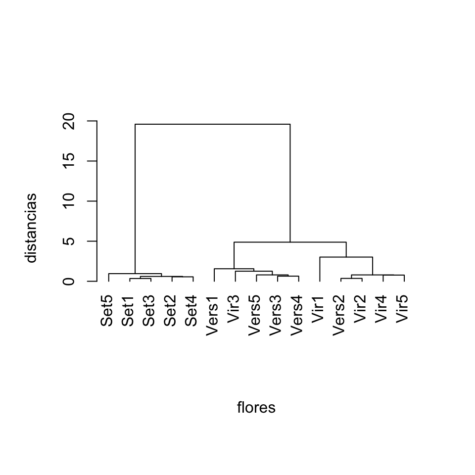 Dendrograma para 15 flores de iris producido con el método de Ward.